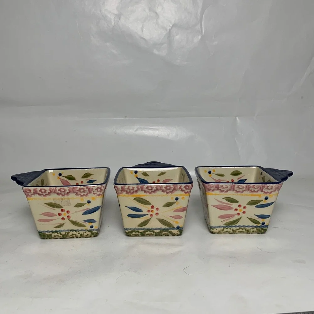 Temp-tations Ramekin Set 3 Old World Floral Square 10oz Ceramic Blue EUC